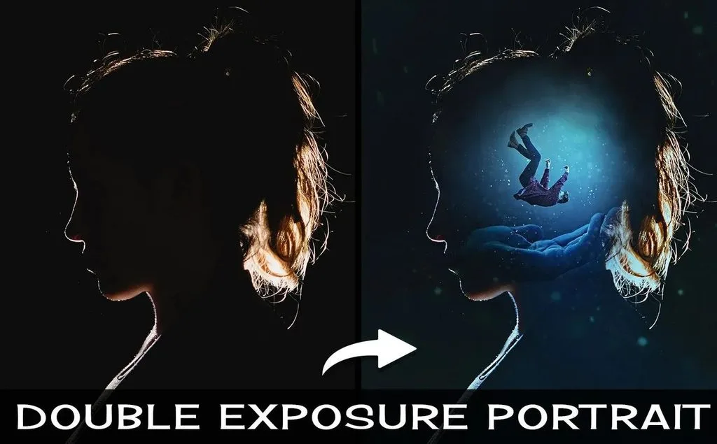 Double exposure portrait: woman's profile silhouette merged with a hand holding a floating figure, creative photo composite
