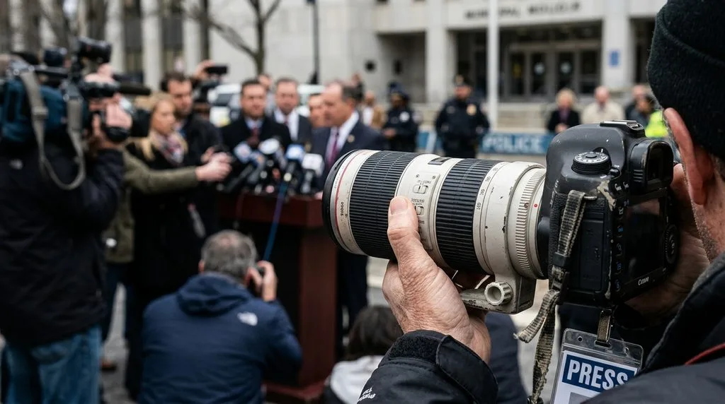 DSLR camera lens focused on news assignment