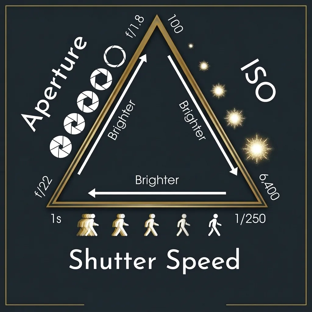 Exposure triangle diagram explaining how aperture, shutter speed, and ISO control photo brightness