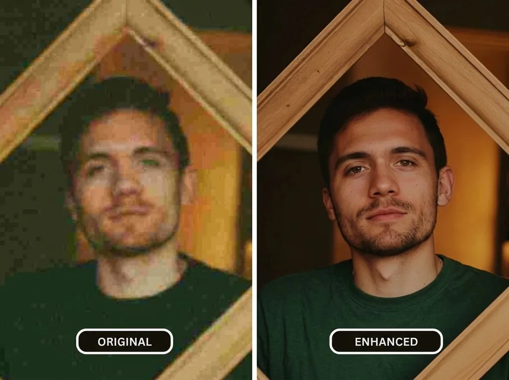 Side-by-side face comparison — heavily pixelated on the left, sharp and clear after AI upscaling on the right