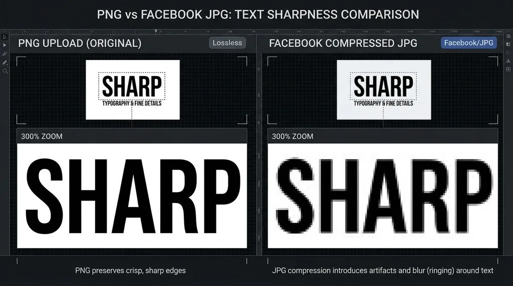 Screen comparison showing a PNG upload versus the same image Facebook compressed to JPG — PNG preserves text sharpness