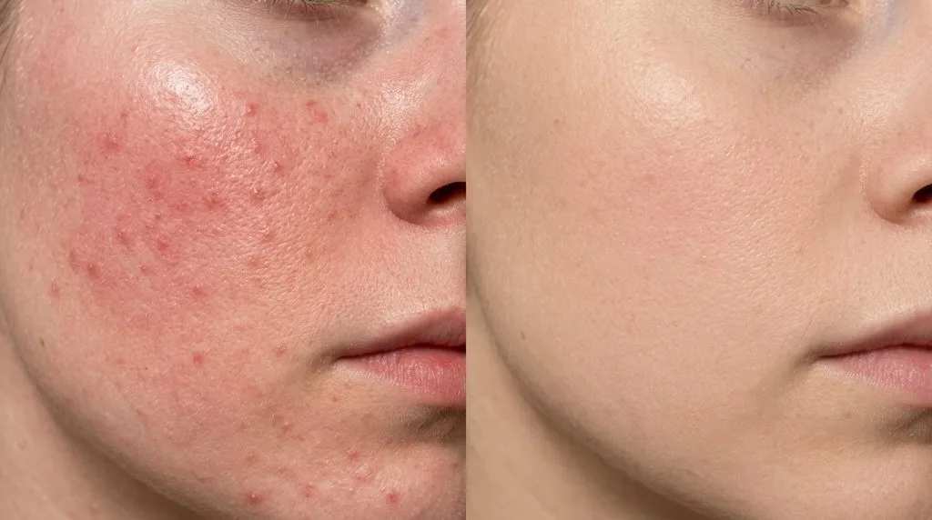 Close-up side-by-side of acne-scarred skin before (left) and after frequency separation retouching (right) with natural pore texture intact