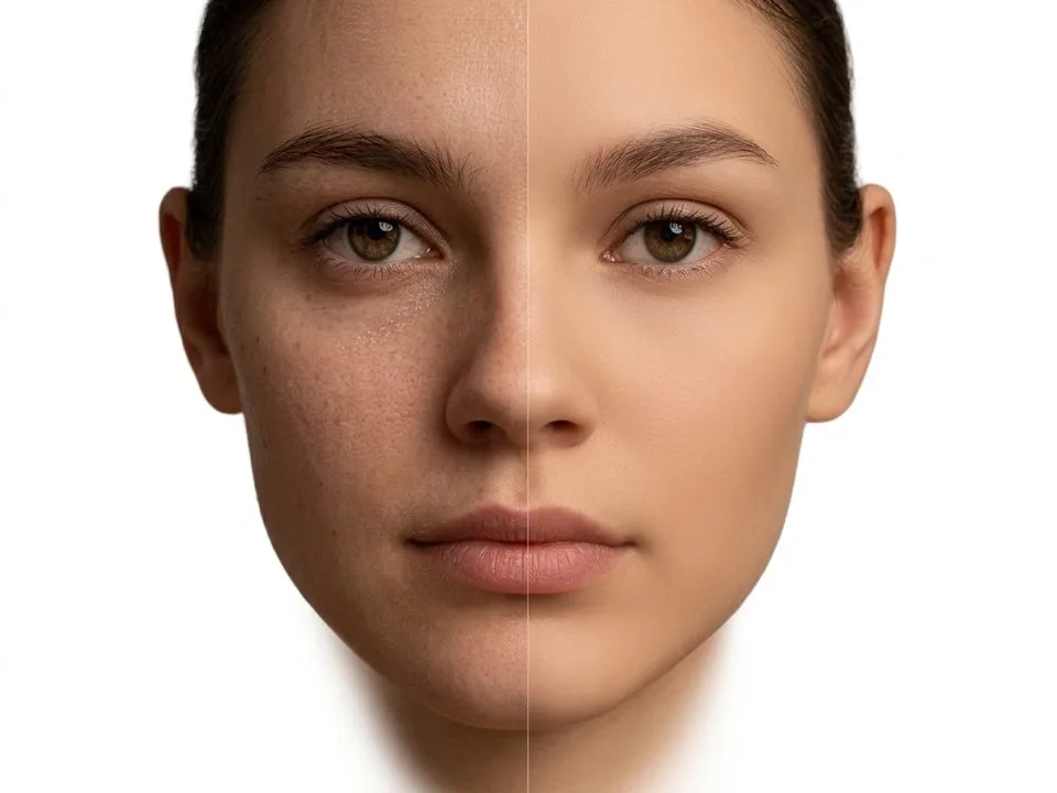 Split portrait showing before (left, uneven skin tone and blemishes) and after (right, smooth skin with natural pores preserved) after frequency separation retouching