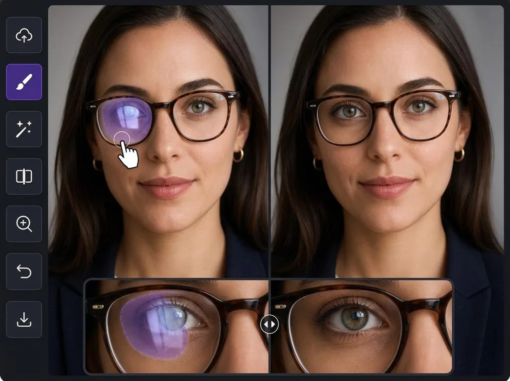 Glasses glare removal interface — purple brush over lens glare on left, clean reconstructed eye on right, with close-up preview