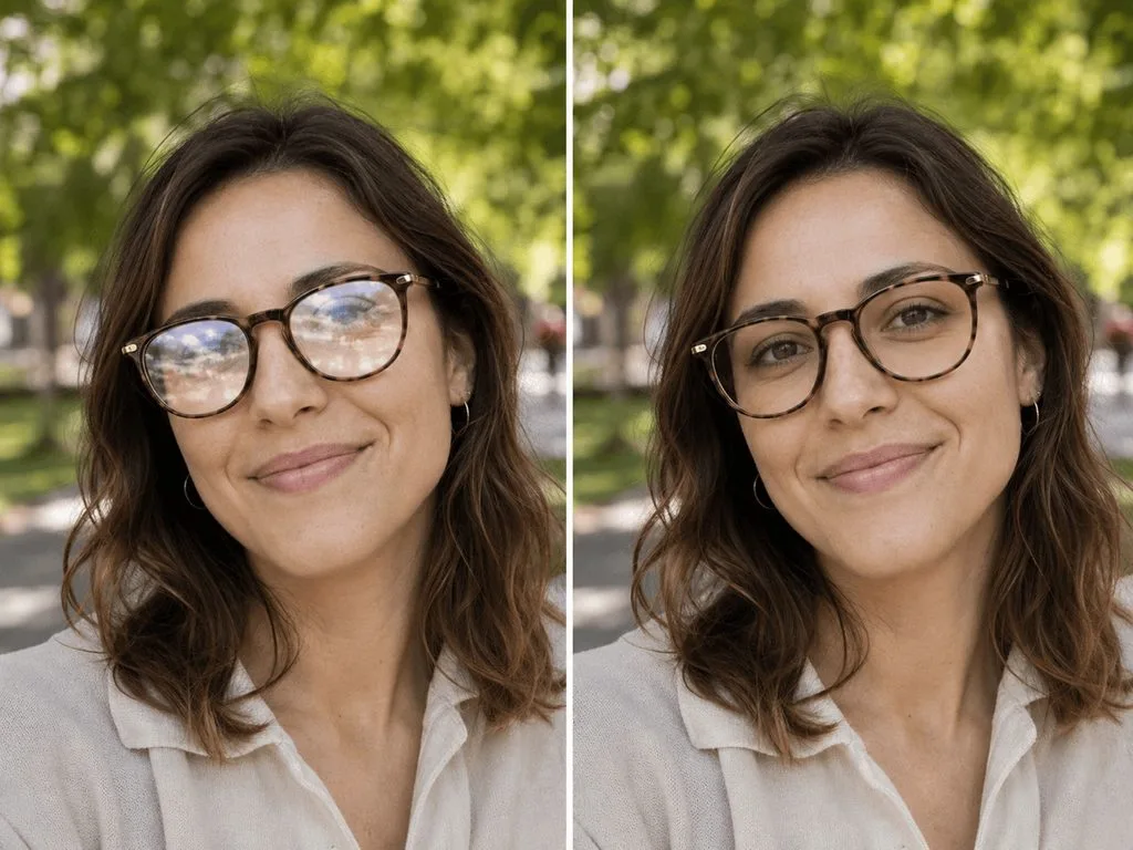 Woman with round glasses — bright glare spot on lens before (left), clean glare-free glasses after removal (right)