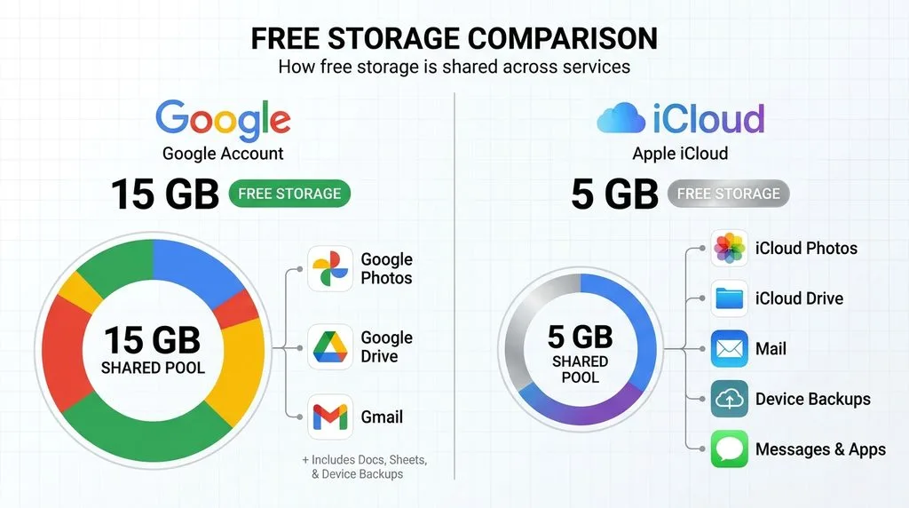 Google Photos 15 GB and iCloud 5 GB free storage comparison showing shared storage usage.