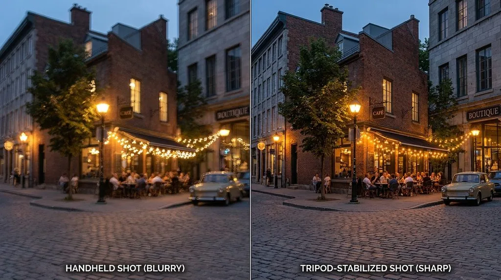 Side-by-side showing a blurry handheld shot versus a sharp tripod-stabilized shot of the same scene