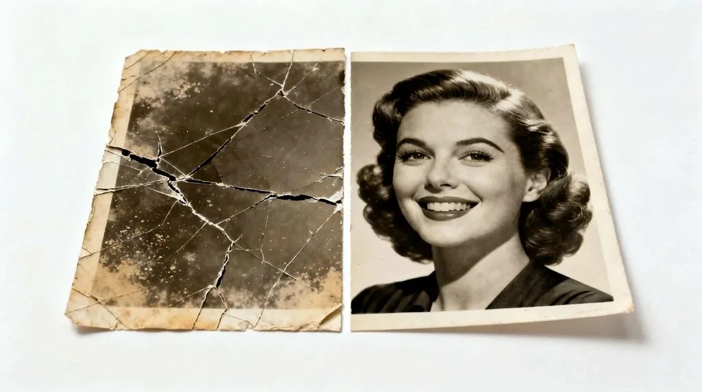 Heavily cracked scanned photo fully restored after AI repair