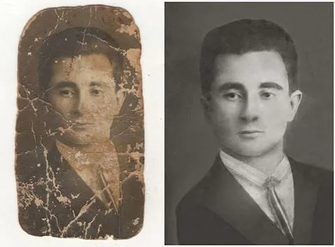 Heavily cracked and torn vintage portrait before restoration