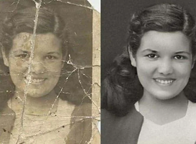 Heavily damaged vintage woman portrait before and after AI restoration and colorization