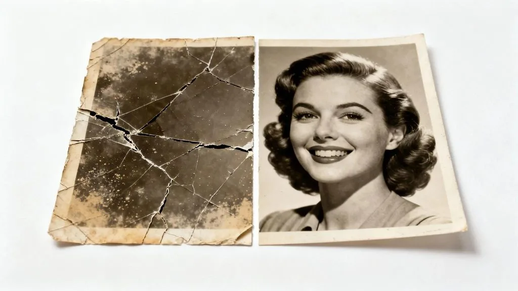 Heavily scratched cracked photo fully restored after AI repair