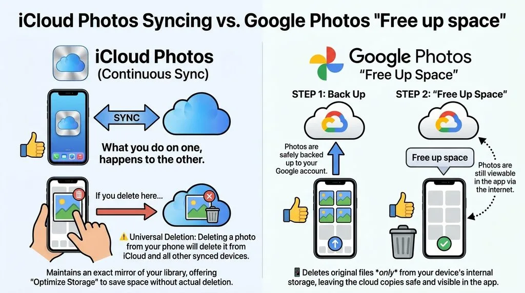 Diagram comparing iCloud Photos library syncing with Google Photos Free up space for backed-up photos.