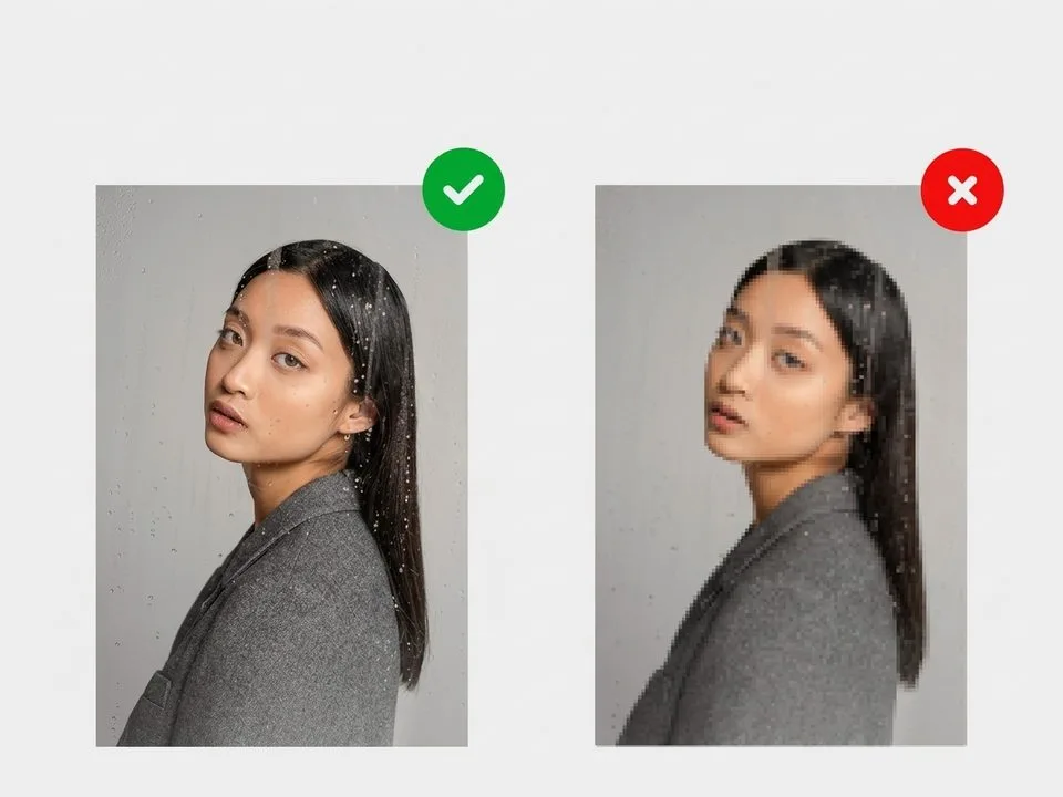Side-by-side comparison of a portrait photo, showing a sharp high-resolution version marked with a green checkmark on the left versus a low-resolution pixelated version marked with a red cross on the right.