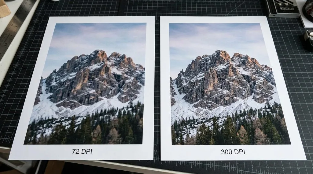 Two prints from an inkjet printer — 72 DPI (blurry mountain) on the left, 300 DPI (sharp) on the right