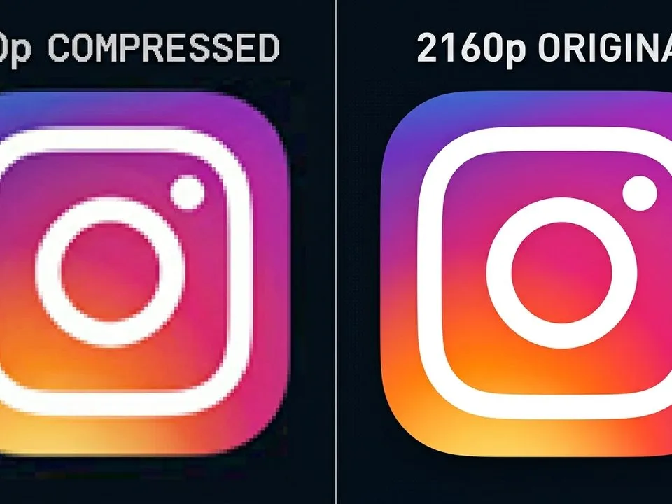 Instagram logo with before-and-after comparison showing 240p compressed versus 2160p original quality