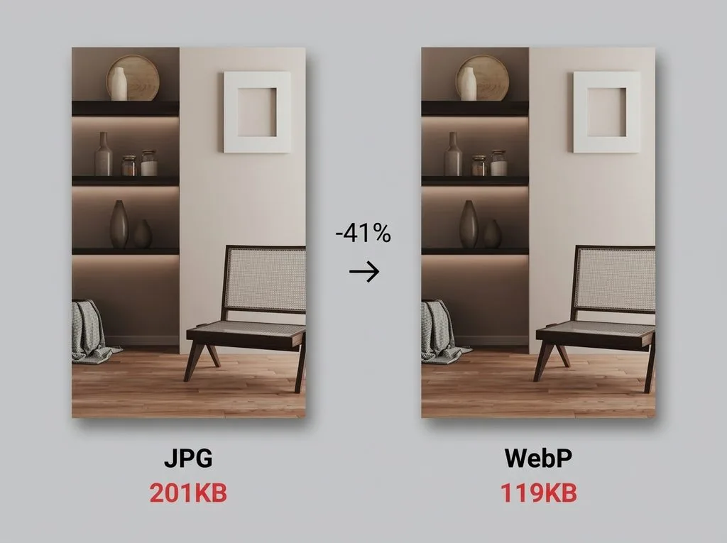 Interior design photo: JPG 201KB vs WebP 119KB — 41% smaller with identical visual quality