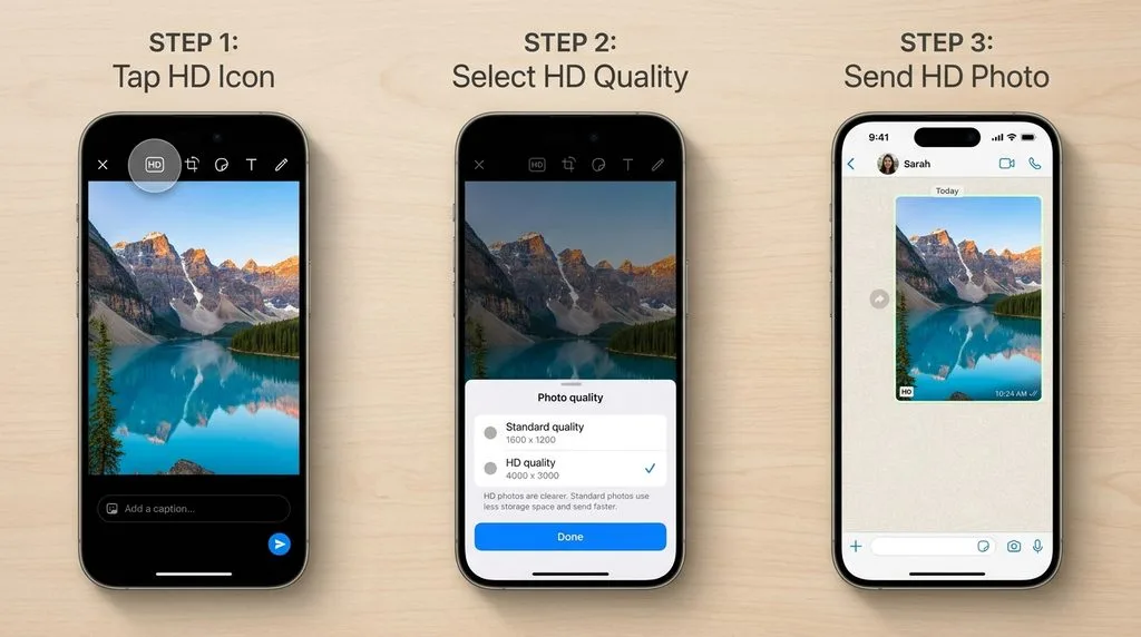 iPhone screens showing the WhatsApp HD photo selection and sending flow