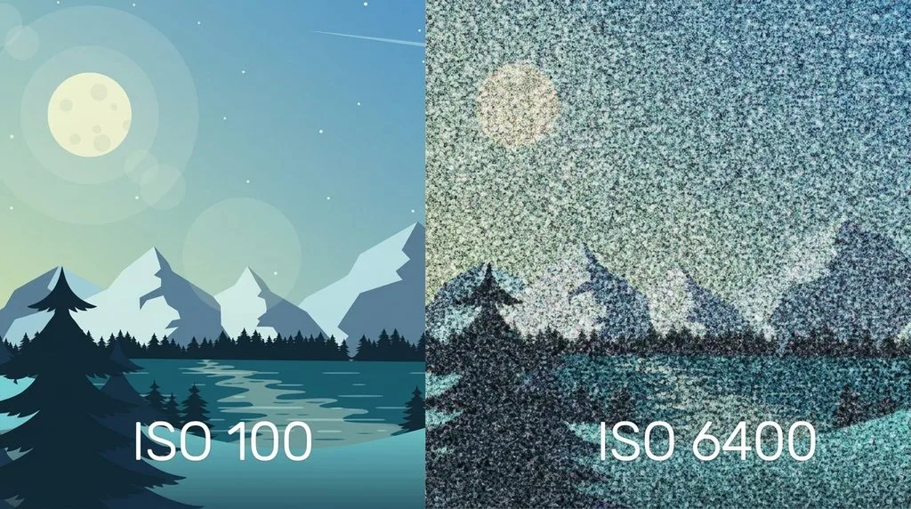 Side-by-side comparison of a low ISO 100 photo versus high ISO 6400 photo showing digital noise