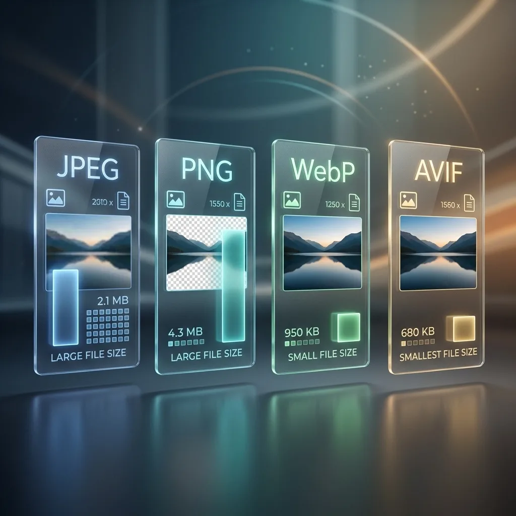 JPEG PNG WebP and AVIF file size cards showing relative payloads for the same image