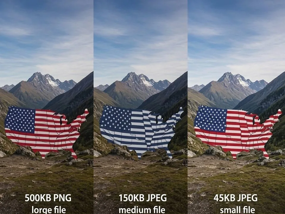 Side-by-side comparison of identical landscape photo: PNG 500KB, JPEG 150KB, WebP 45KB — same visual quality, dramatically different file sizes