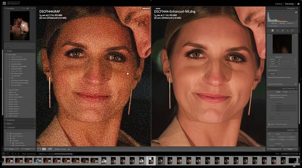 Before and after AI noise reduction editing in Lightroom showing clean details in high ISO RAW file