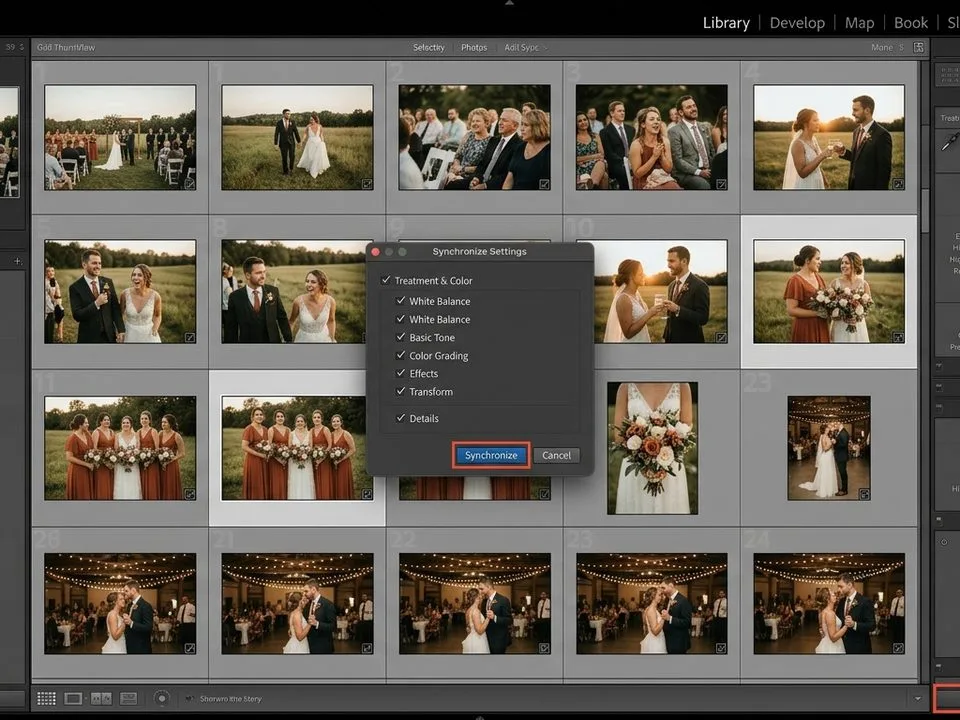 Lightroom batch sync grid of wedding photos with consistent color grading