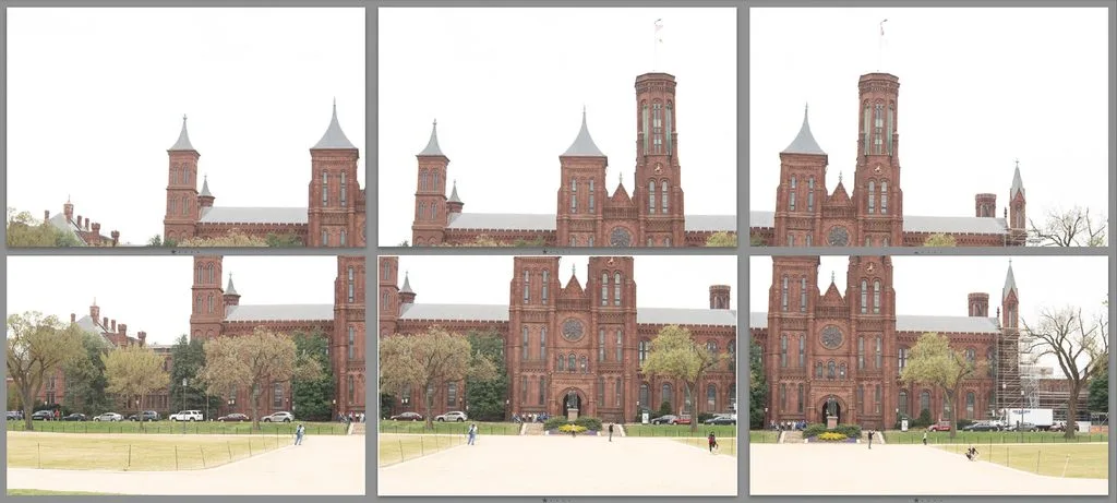 Six overlapping source photos (two rows, three columns) of a brick building stitched into one wide panorama — Lightroom multi-row stitch