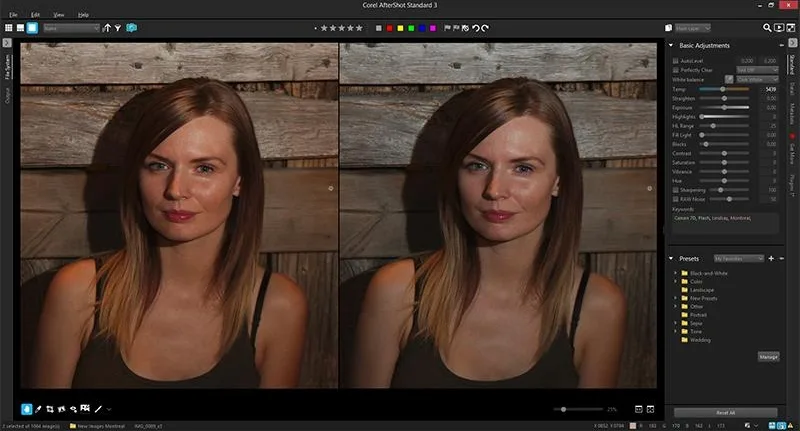 Lightroom before/after — portrait with warm yellow tungsten cast on the left, corrected natural tones on the right