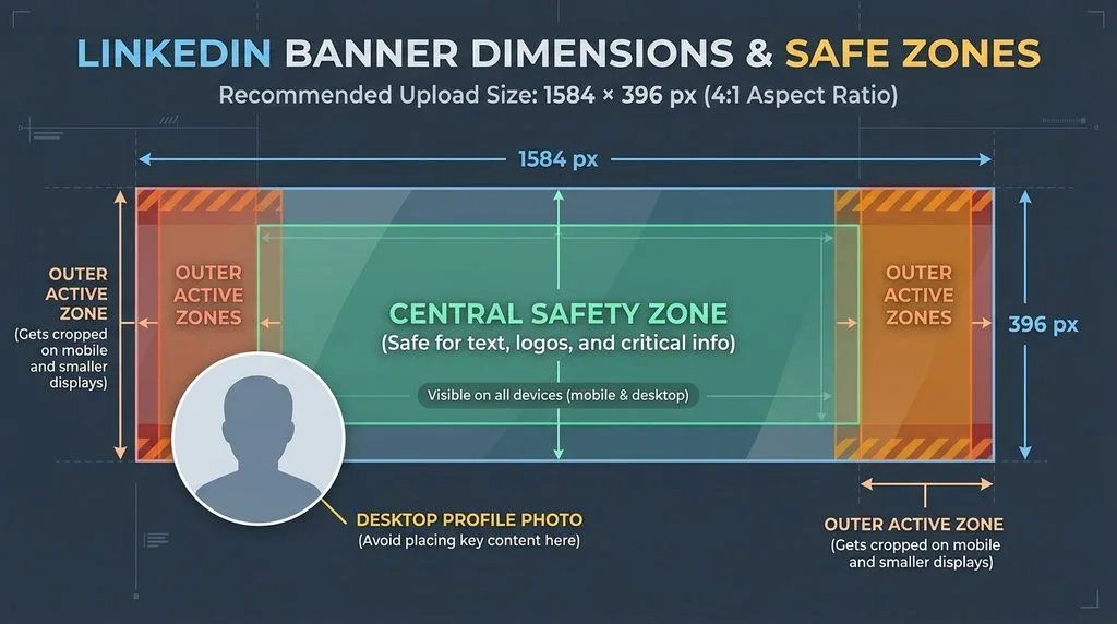 LinkedIn banner dimensions diagram showing central safety zone and outer active zones that get cropped
