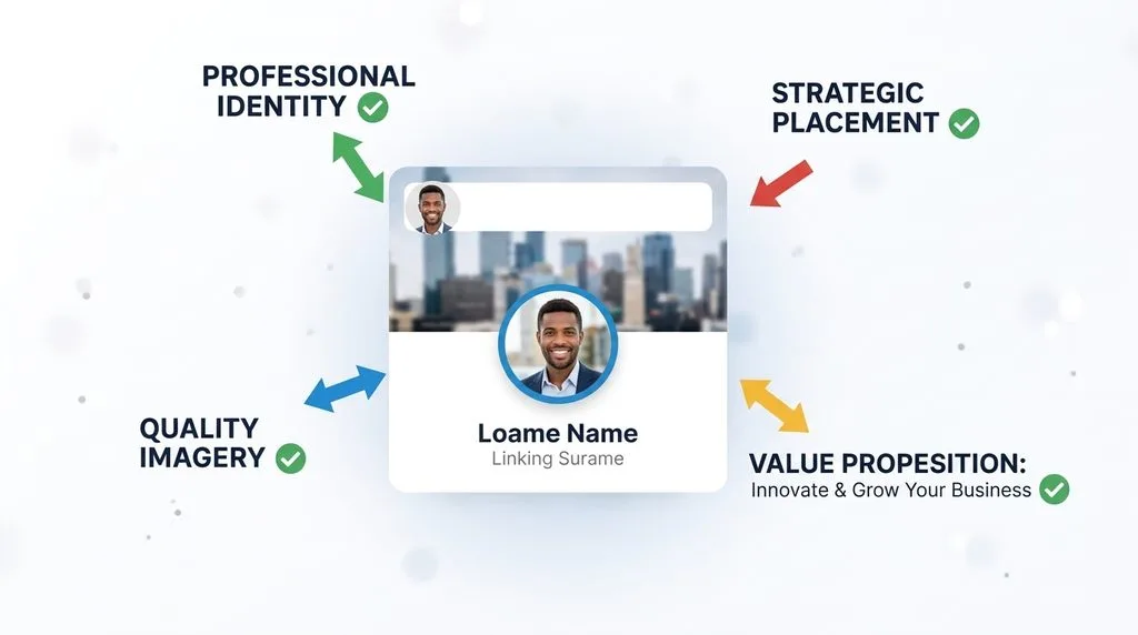 LinkedIn banner dimensions breakdown showing professional identity, quality imagery, and strategic placement zones