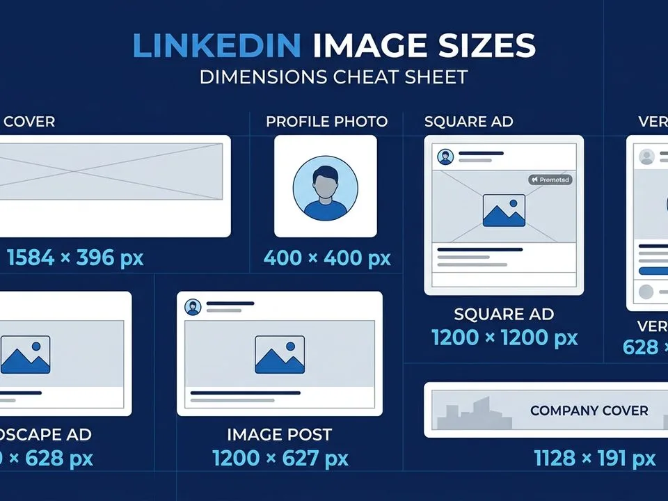 LinkedIn image sizes infographic — personal cover 1584×396, profile photo 400×400, square ad 1200×1200, landscape ad 1200×628, image post 1200×627, vertical ad 628×1200, company cover 1128×191