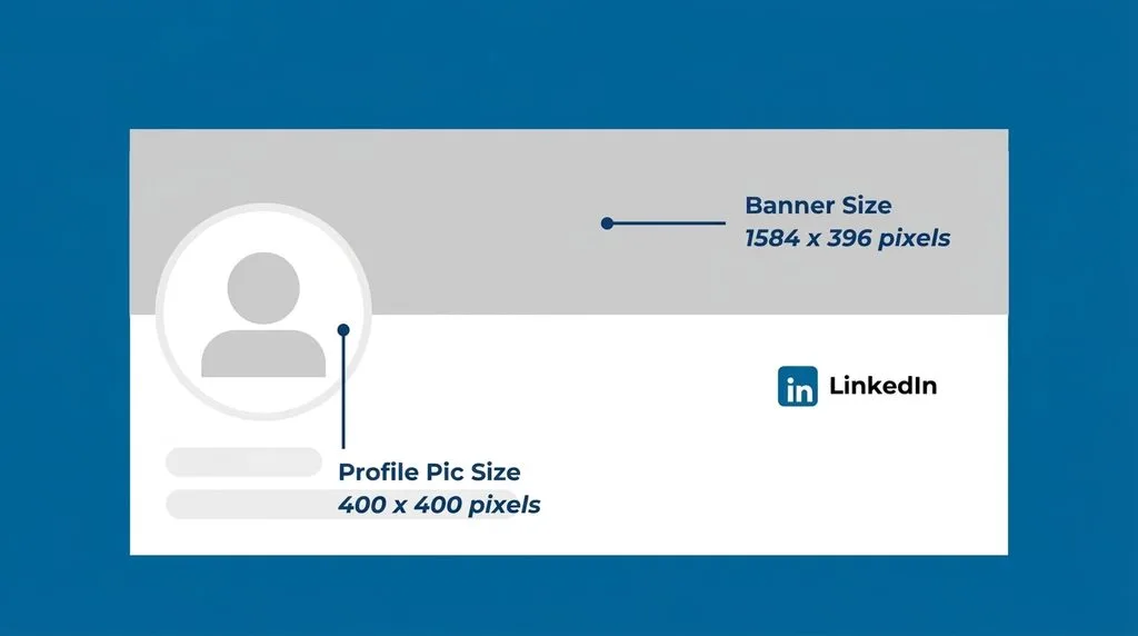 LinkedIn personal profile layout diagram — profile image 400×400 circle and cover banner 1584×396