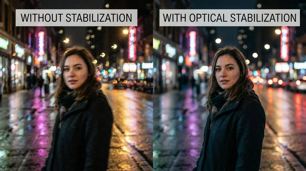 Low-light night portrait comparison — blurry without stabilization, sharp with optical stabilization