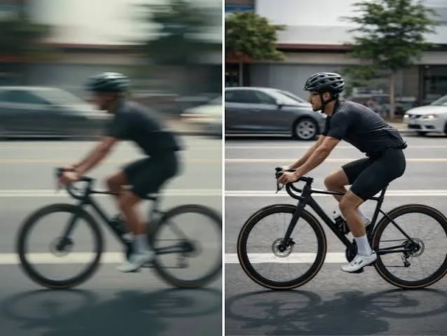 Motion-blurred cyclist photo before and after AI deblurring.