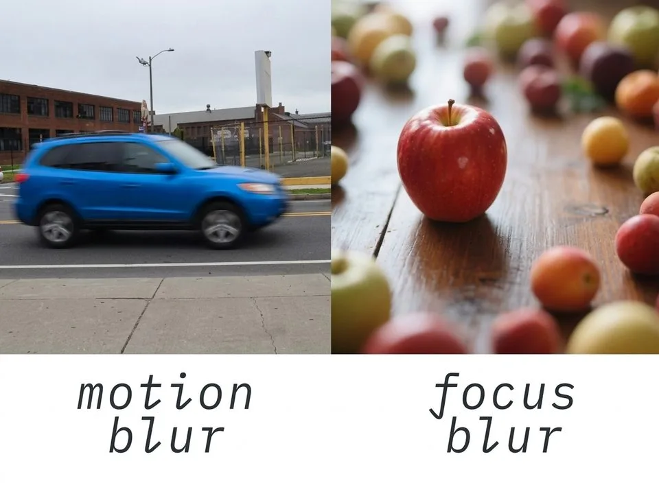 Side-by-side comparison showing motion blur (directional streaking) versus focus blur (uniform softness) — the first diagnostic step