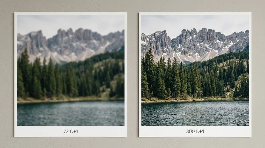 Two mountain landscape prints — 72 DPI soft/blurry on the left, 300 DPI sharp on the right