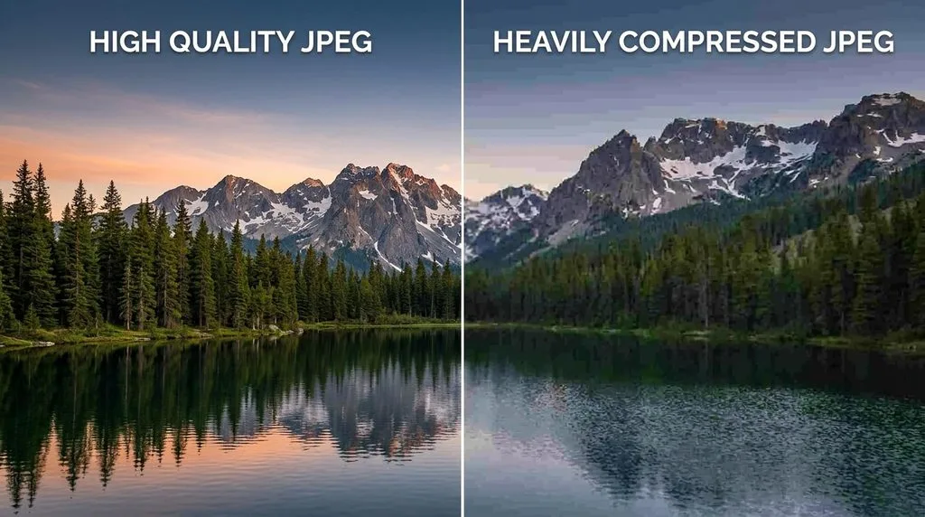 Mountain landscape comparison — high quality JPEG (sharp) versus heavily compressed JPEG (pixelated, color banding)