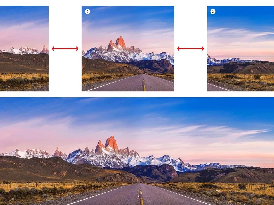 Three overlapping landscape photos (top) stitched into one wide panorama of a mountain road at sunset (bottom) — Affinity Photo panorama stitch