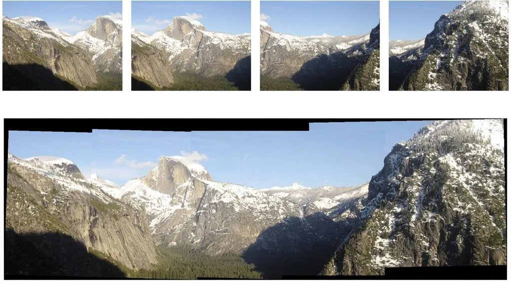 Four overlapping source photos (top) of a mountain valley stitched into one wide panorama (bottom) with visible black gaps at edges before cropping