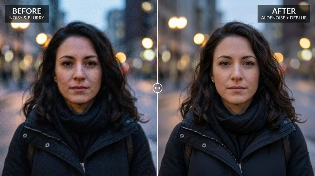 Noisy blurry portrait before and after AI denoise + deblur