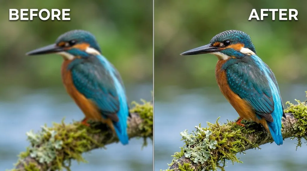 Out-of-focus bird photo before and after AI focus recovery