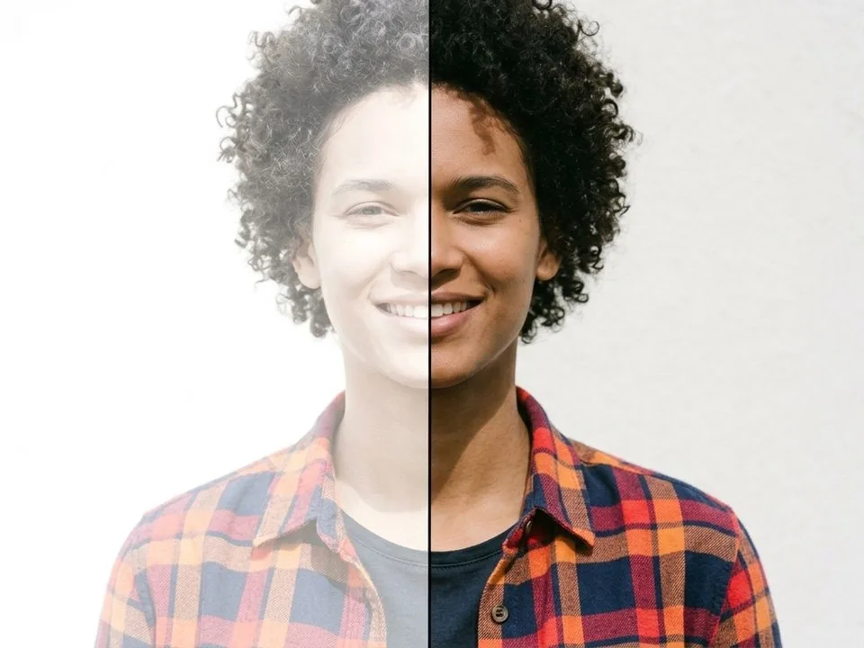 Overexposed washed-out portrait before and after highlight recovery