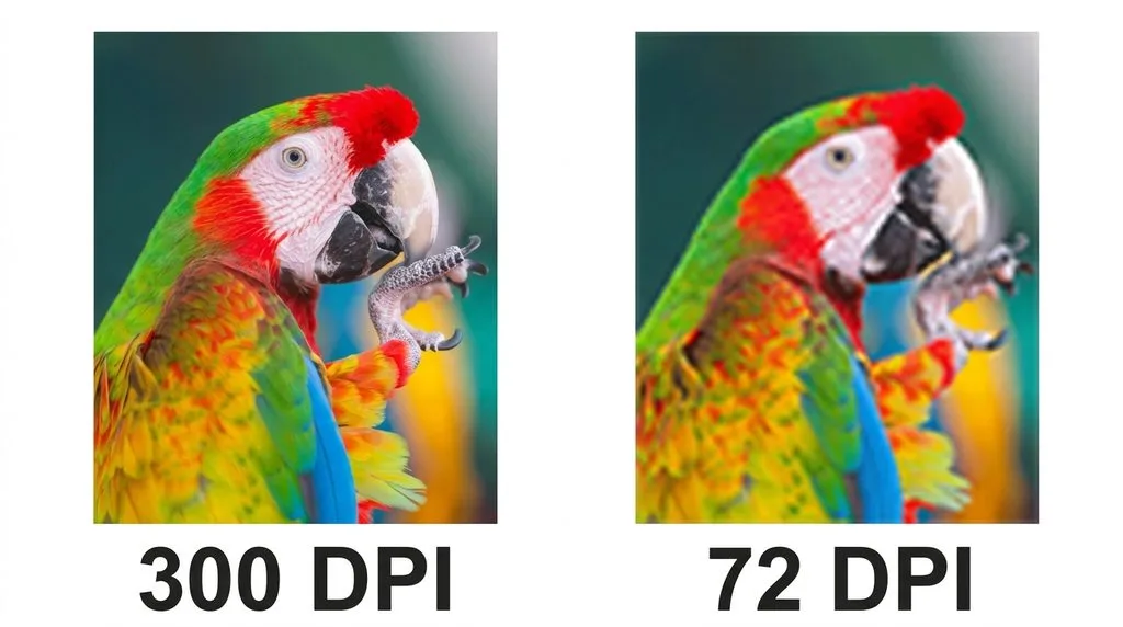 Parrot photo comparison — 300 DPI sharp on the left, 72 DPI pixelated on the right