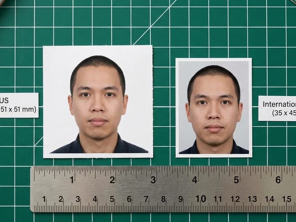 Passport photo size comparison showing US 2x2 vs 35x45mm formats
