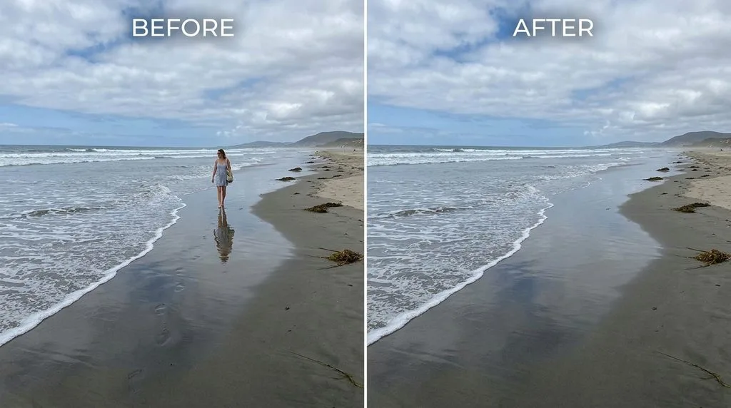 Person removed from beach photo with Generative Fill before and after