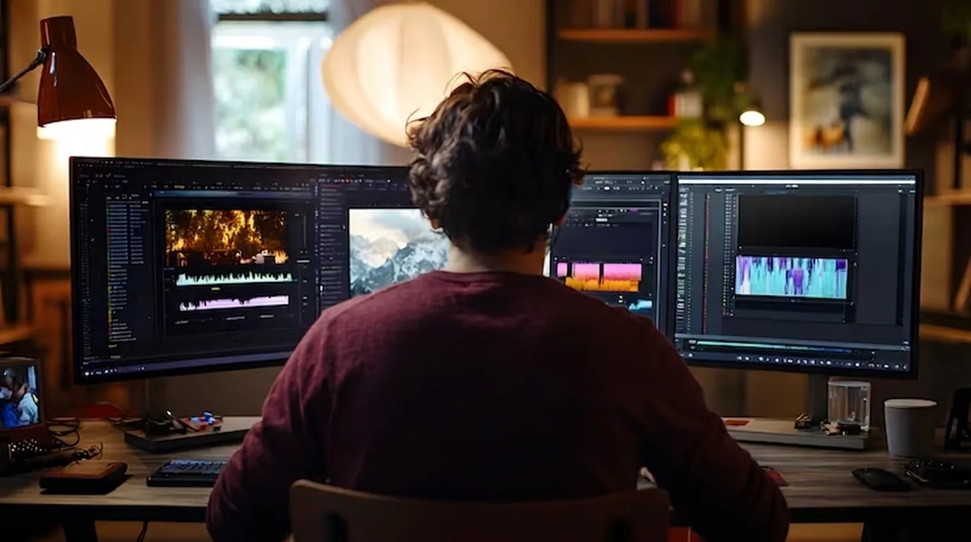photo editor adjusting image layers on color calibrated monitor