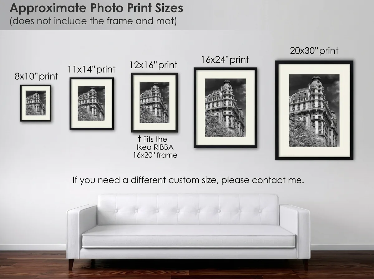 Approximate photo print sizes from 8×10 to 20×30 shown above a white sofa at true scale