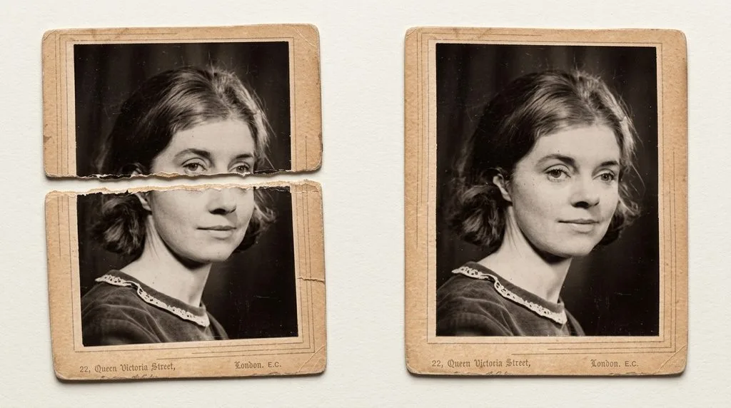 Photo split horizontally in two pieces before and after tear repair