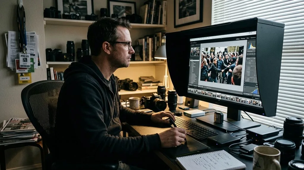 Photographer editing news photographs on color calibrated monitor