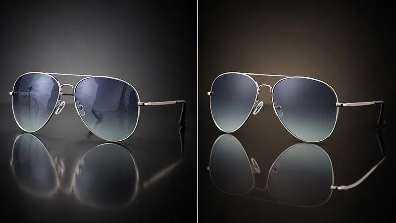 Ray-Ban sunglasses — original with window reflection on lens (left), reflection removed cleanly (right) after Photoshop Reflection Removal